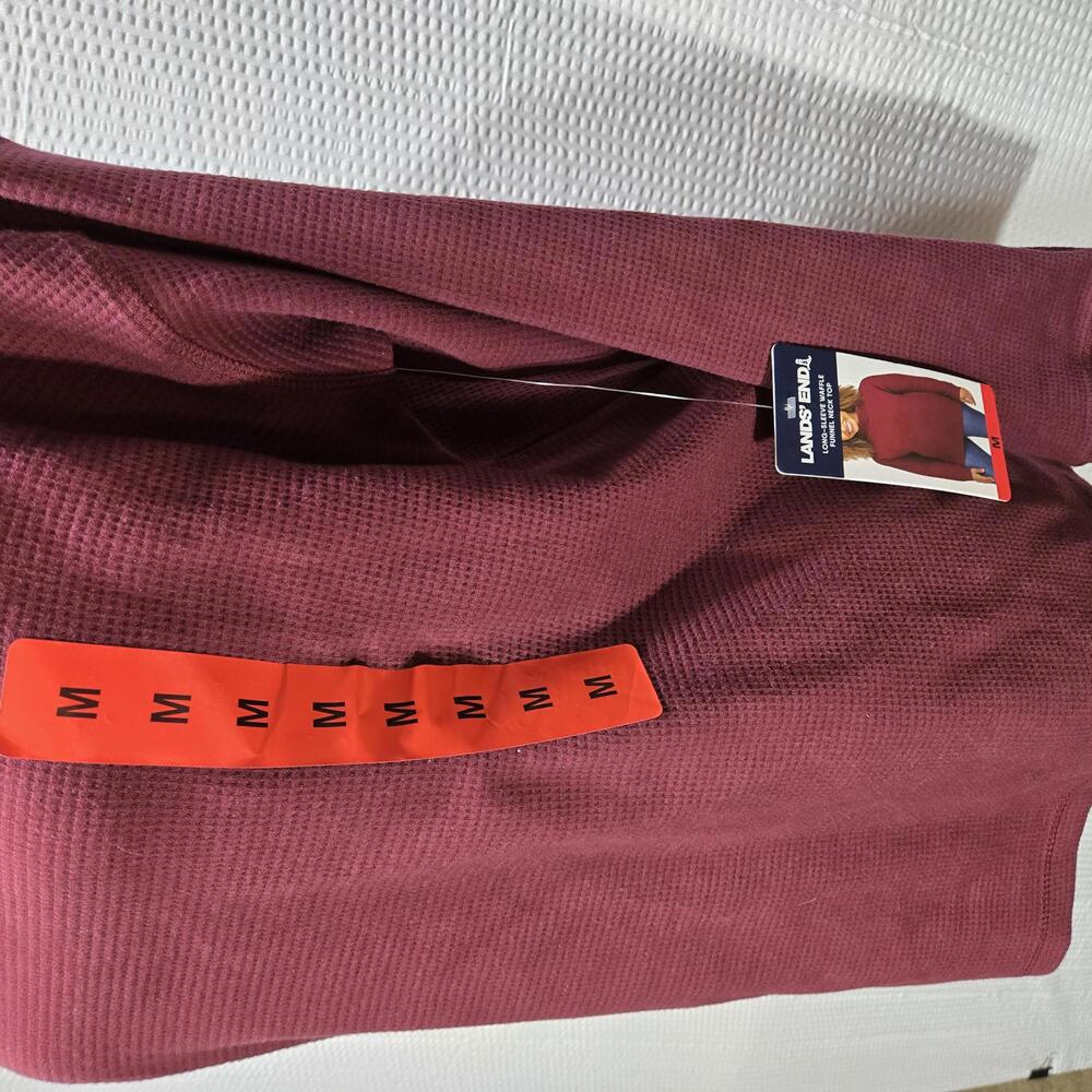 Lands End Women's Long Sleeve Funnel Neck Waffle Top Medium Dark Red - Picture 3 of 6